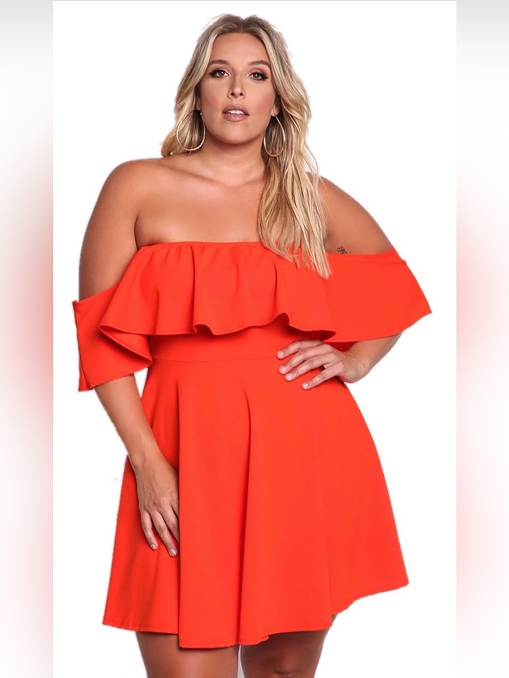 Rosanna Off-Shoulder Ruffle Fit-and-Flare Dress in Coral Orange